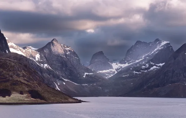 Picture the sky, water, snow, mountains, clouds, nature, rocks, the fjord