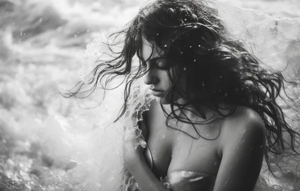 Sea, chest, water, girl, bathing, black and white photo, AI art, neural network