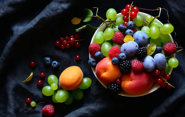Picture the dark background, food, fabric, fruit, still life, different, a lot, composition