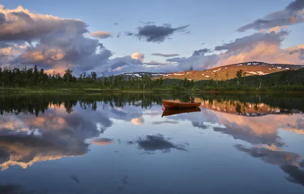 Forest, clouds, mountains, lake, reflection, shore, boat