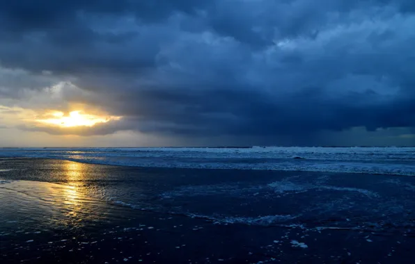 Sea, the sky, water, the sun, clouds, shore, horizon, Landscape