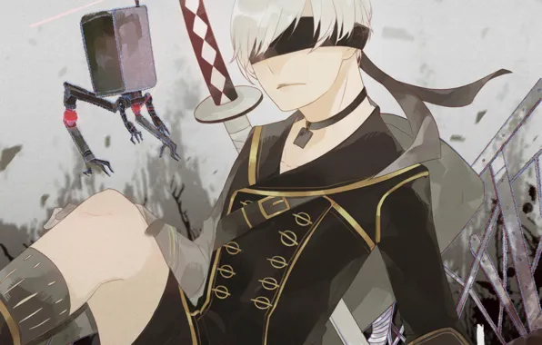 Robots, guy, cyborg, eye patch, Nier Automata, YoRHa No 9 Type S