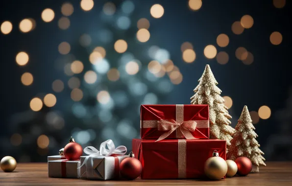 Balls, lights, box, gift, Shine, Christmas, gifts, New year