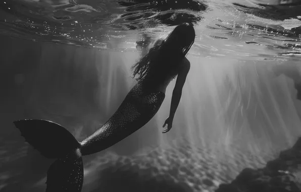 Picture Girl, Mermaid, Hair, Underwater world, Tail, Digital art, Back, Black and white