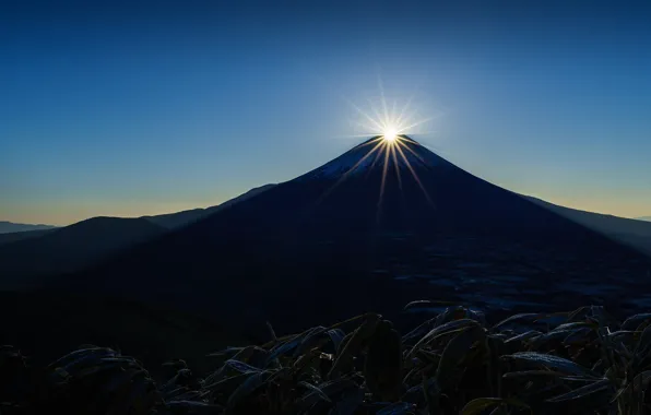 Japan, clear sky, Mount Fuji, sky, landscape, nature, Sun, mountains