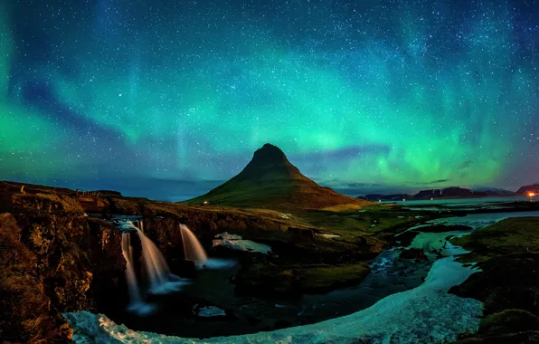 Winter, snow, mountains, night, stones, rocks, shore, waterfall