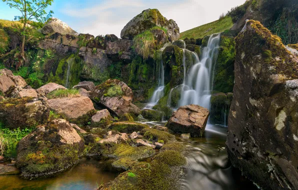 Stream, stones, rocks, England, waterfall, moss, Wales
