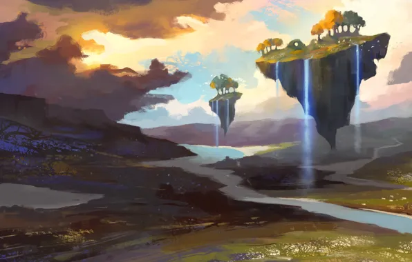 Trees, river, art, waterfalls, painted landscape, flying Islands