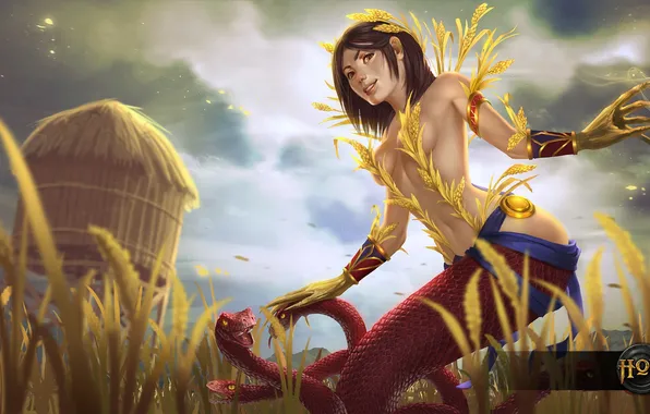 Wheat, field, snakes, girl, hon, Chimera, Heroes of Newerth, Dewi Sri
