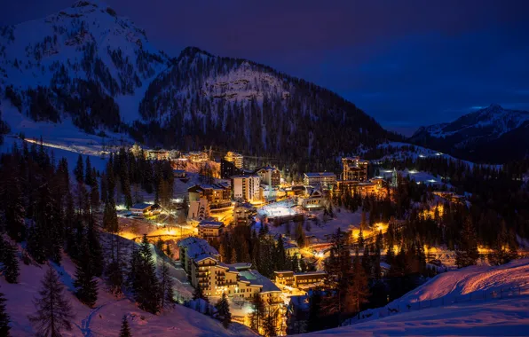 Winter, light, trees, mountains, night, the city, building, home