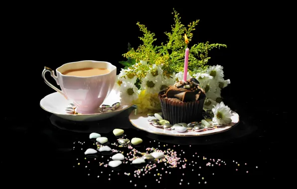 Picture coffee, chamomile, Cup, candle, the dark background, cake