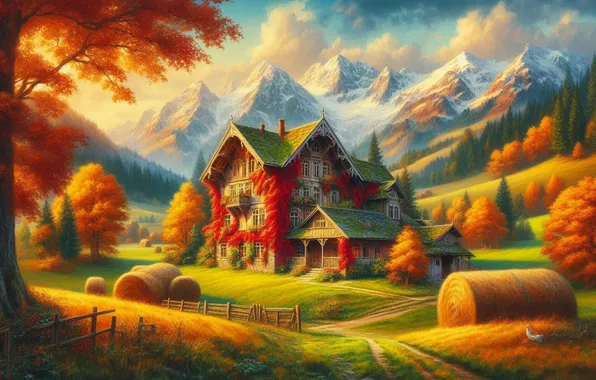 Autumn, forest, house, bright colors, Terem, AI art, neural network, a cozy little world