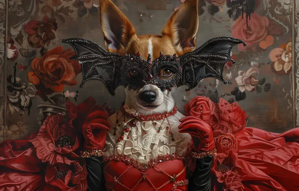 Look, flowers, fantasy, portrait, roses, wings, dog, picture