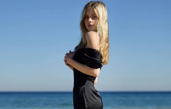 Picture sea, girl, light, pose, model, hair, figure, dress