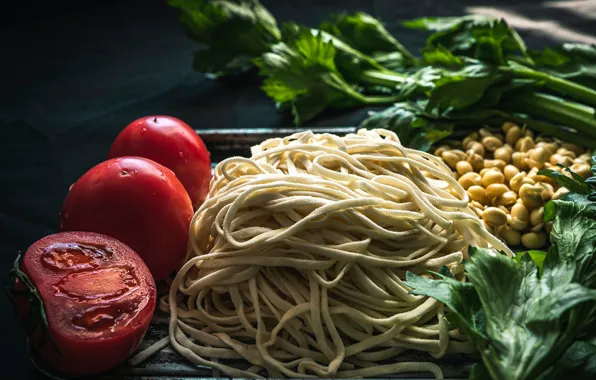 Greens, the dark background, table, food, tomatoes, parsley, tomatoes, noodles