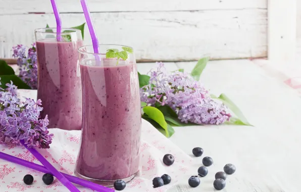 Glass, blueberries, juice, drinks, two, lilac, tube