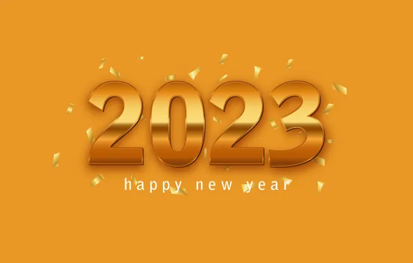 Gold, Shine, figures, New year, gold plated, orange background, date, 2023