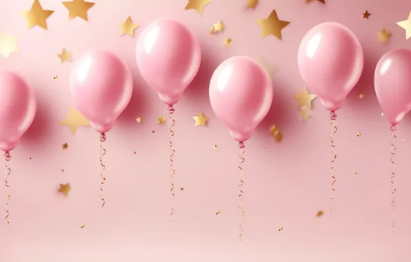 Stars, balls, balloons, holiday, balls, Christmas, New year, pink