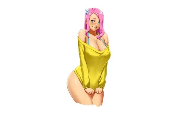 Girl, sexy, cleavage, pink hair, long hair, boobs, anime, blue eyes