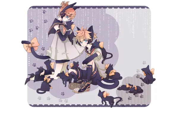 Cats, anime, art, bows, Vocaloid, Vocaloid, characters, seals