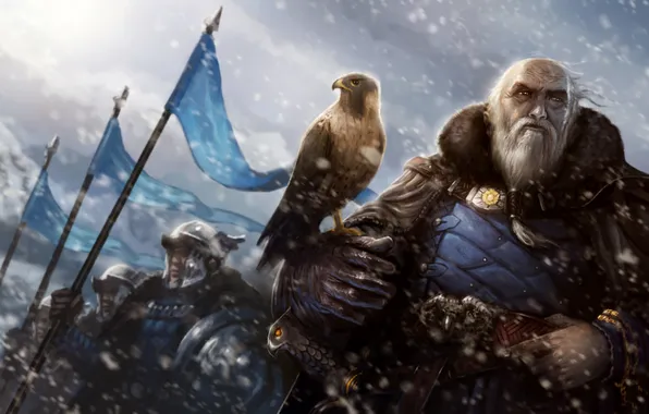Picture snow, mountains, the wind, bird, army, art, the old man, Falcon