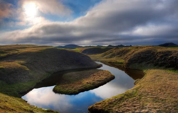 Nature, river, hills, Iceland, direction