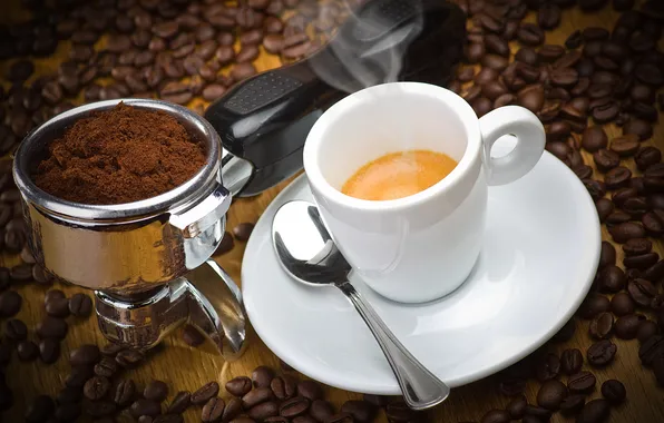 Picture coffee, grain, spoon, Cup, saucer, foam, ground, espresso