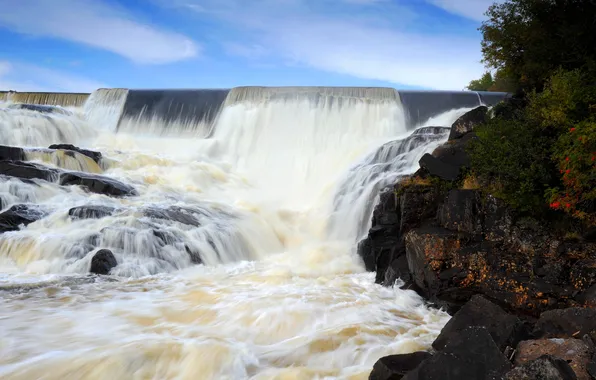 River, stones, shore, vegetation, waterfall, stream