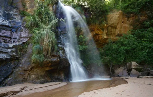 Sand, grass, trees, rocks, waterfall