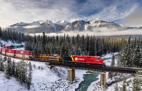 Wallpaper bridge, snow, mountains, winter, Ryan Gaynor, British Columbia, trees, Canada