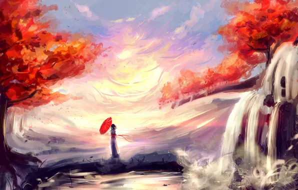 Autumn, the sky, girl, waterfall, by b1tterRabbit