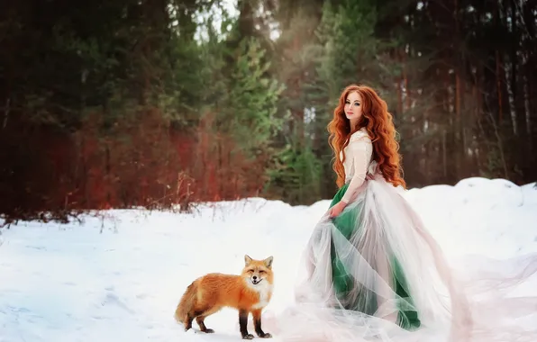 Winter, forest, girl, snow, nature, glade, ate, dress