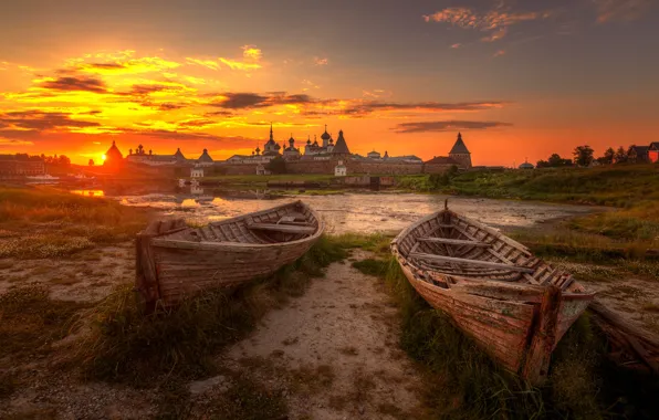 Picture water, landscape, boats, morning, Solovki, Solovetsky monastery, Gordeev Edward, Eduard Gordeev