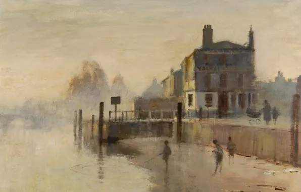 Fog, picture, fishermen, the urban landscape, Edward Seago, Early In The Morning. Richmond