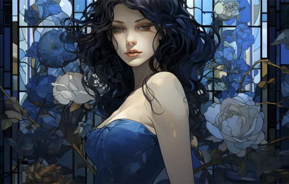 Look, girl, flowers, portrait, roses, grille, brunette, stained glass
