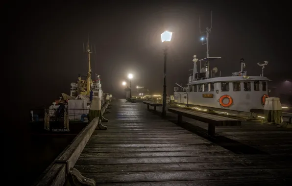 Night, lights, ship, pier, Netherlands, Horn