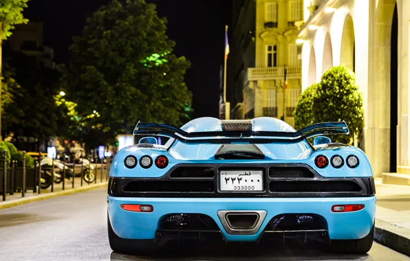 Night, blue, street, the building, Koenigsegg, supercar, supercar, blue