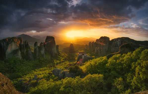 The sun, landscape, sunset, mountains, nature, Greece, forest, the monastery