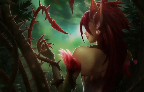 Forest, girl, plants, spikes, claws, ears, back, vines