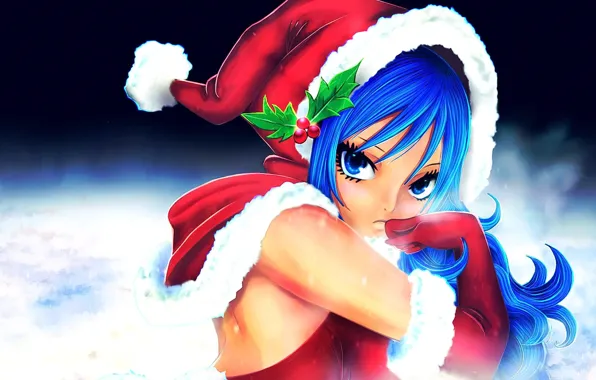 Girl, Christmas, long hair, anime, blue eyes, face, Fairy Tail, gloves