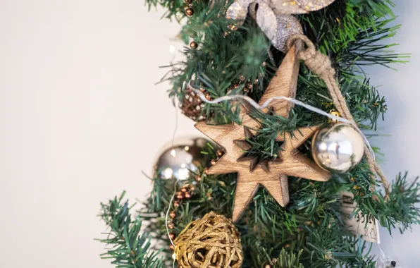 Winter, balls, branches, holiday, toys, star, Christmas, New year