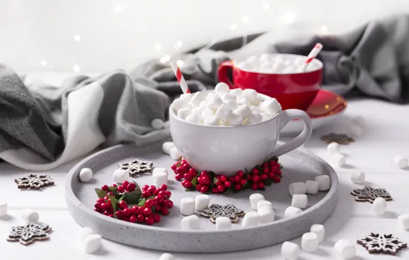 Cup, tray, cocoa, marshmallows