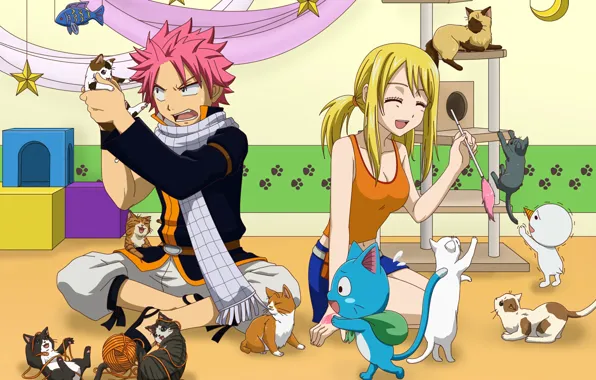 Romance, anime, art, pair, kittens, two, Fairy Tail, Natsu