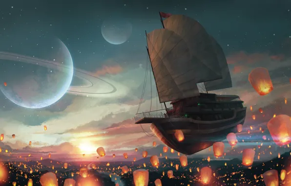 Flight, Ship, Light, Planet, Fantasy, Sails, Space, Art