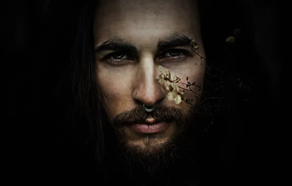 Mustache, look, flowers, branches, face, pose, style, portrait