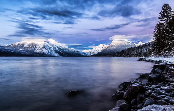 Clouds, snow, mountains, nature, lake, USA, Glacier National Park, Montana