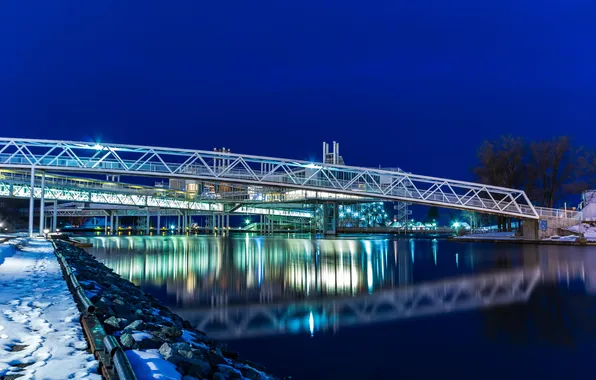 Picture winter, snow, night, lights, river, Canada, bridges, Ontario