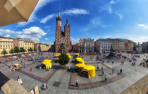 Picture area, Poland, Krakow, the monument to Mickiewicz, Market main, St. Mary's costal