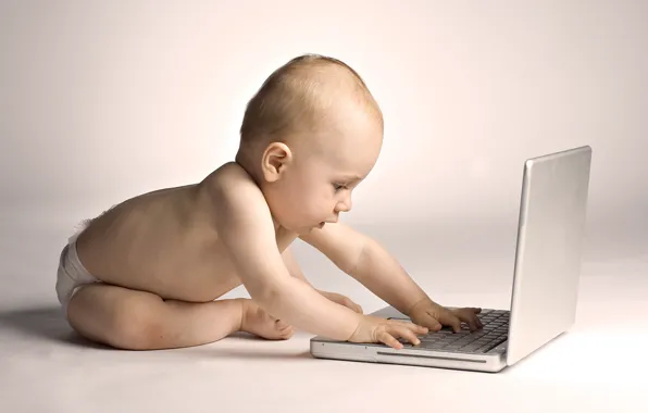 White, background, laptop, baby