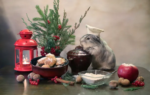 Winter, animals, tree, candle, cookies, flashlight, December, composition